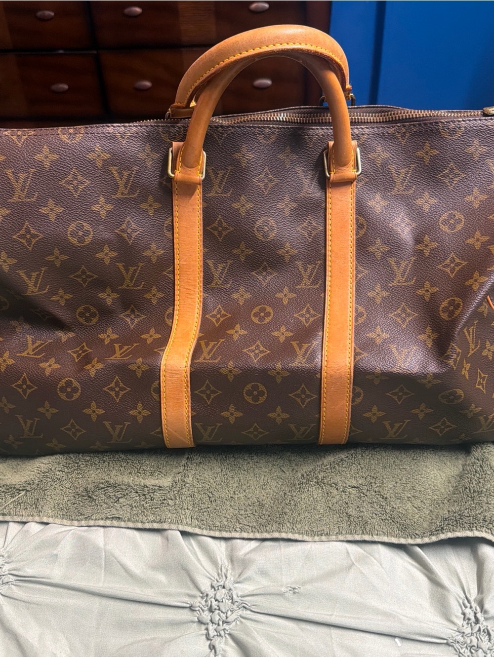 Authentic!Louis Vuitton Brown Monogram Duffel with Tan Leather Trim